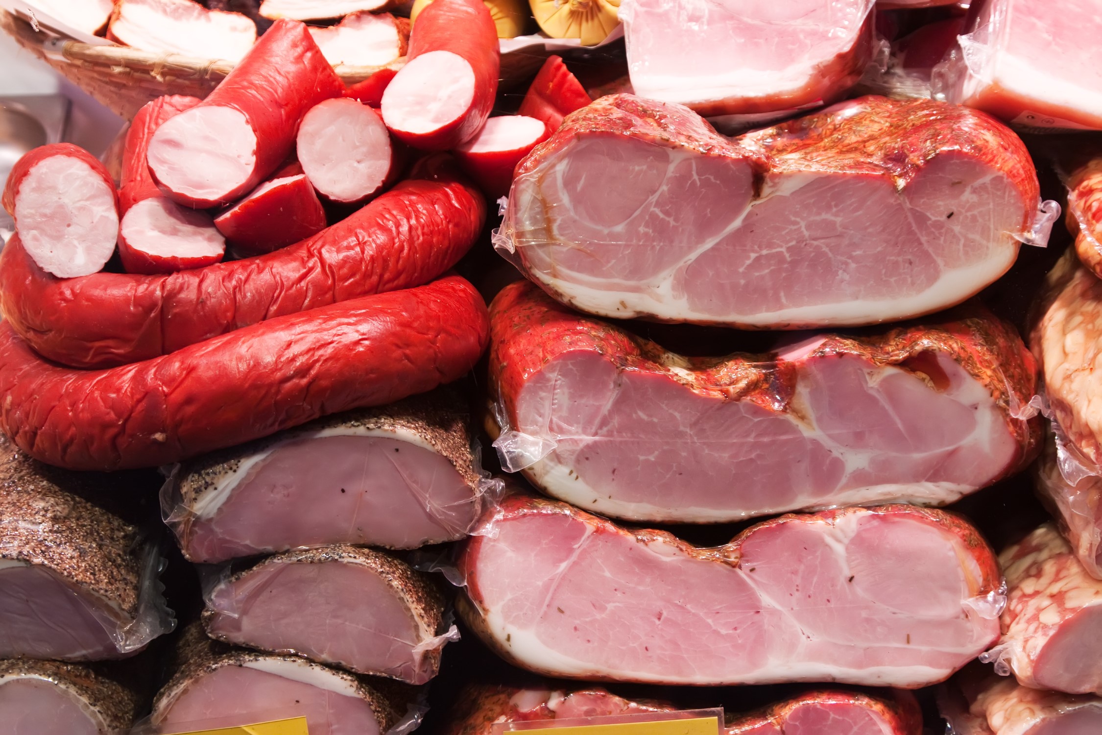 Meat and sausages in market
