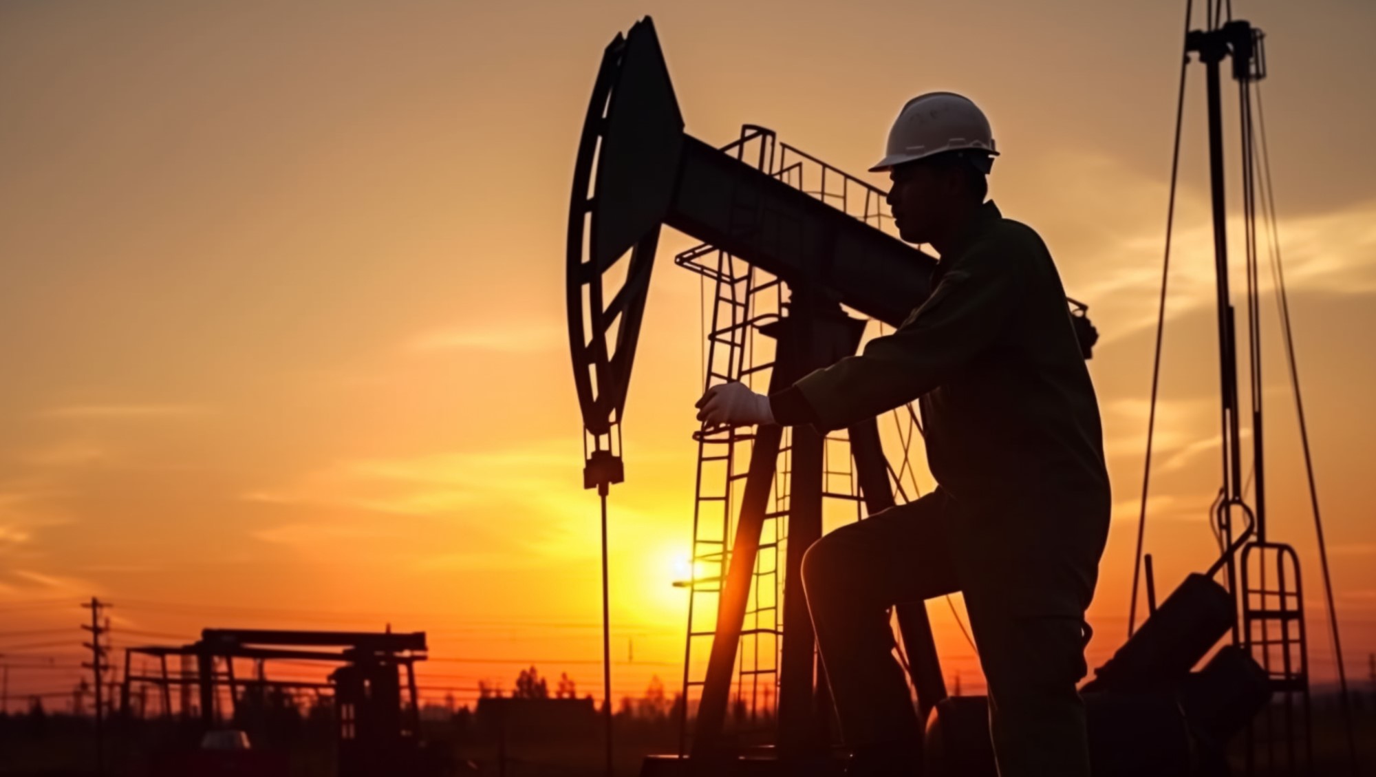 Worker and oil rig in sunset, created with Generative AI technol